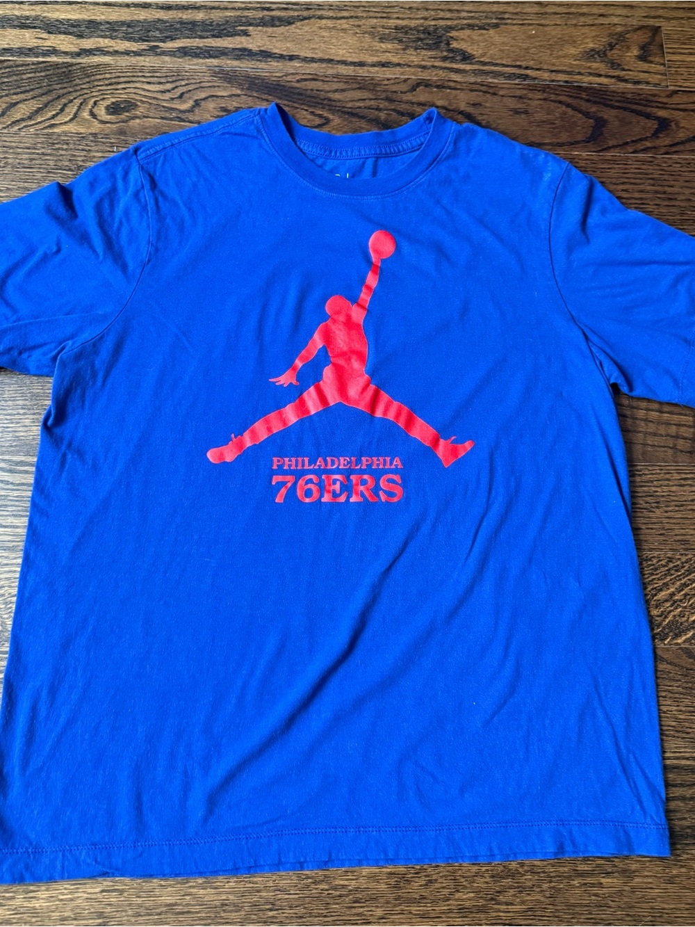 Nike Blue Short Sleeve Tee with Red Jumpman and 76ers Logo